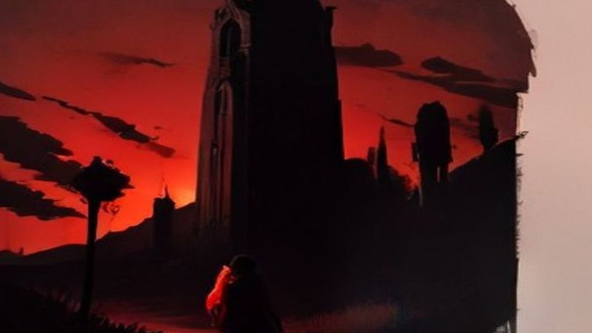 Un niño camina por una carretera costera desolada al atardecer, con un reino de fantasía medieval brillando en el horizonte entre dos mundos