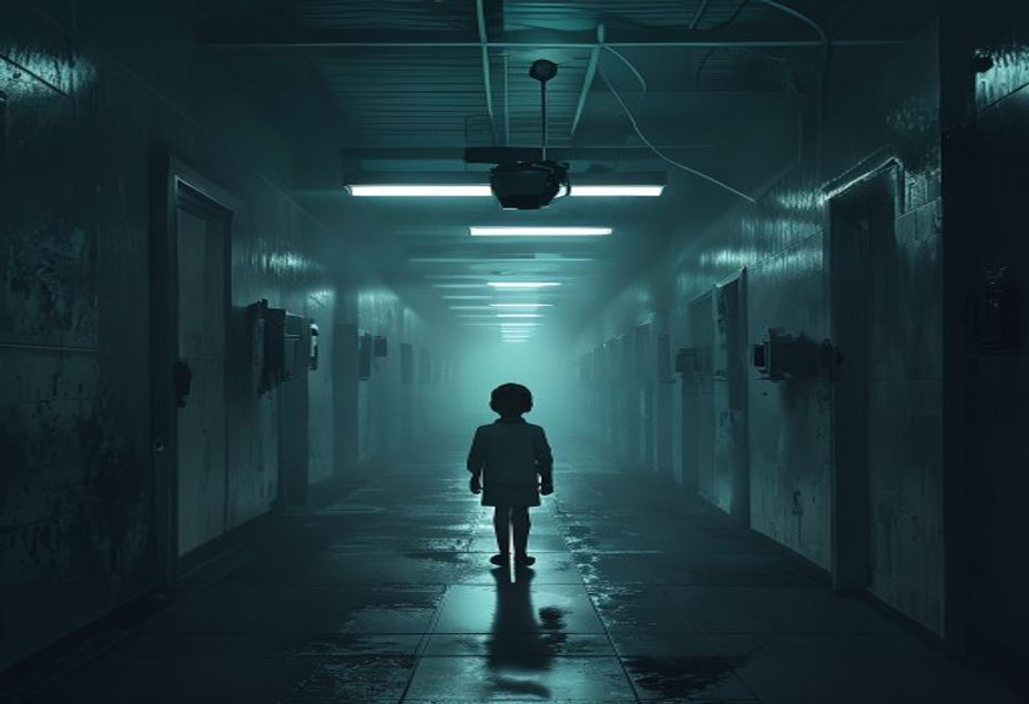 Un pasillo de una fría instalación institucional de noche, con luces fluorescentes y la pequeña silueta de un niño al fondo