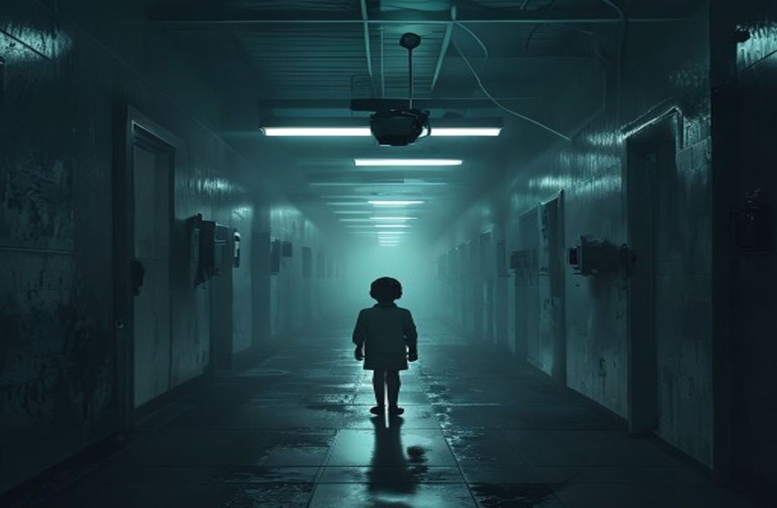 Un pasillo de una fría instalación institucional de noche, con luces fluorescentes y la pequeña silueta de un niño al fondo