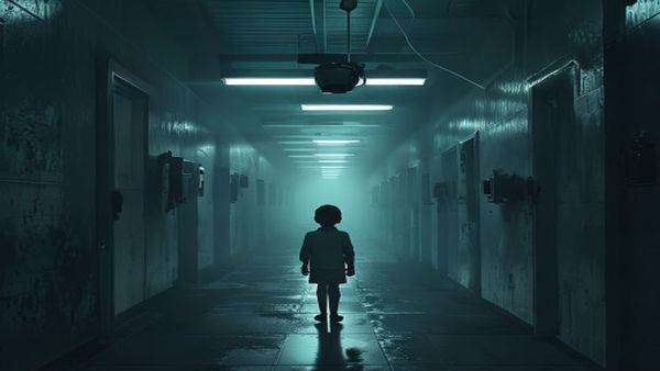 Un pasillo de una fría instalación institucional de noche, con luces fluorescentes y la pequeña silueta de un niño al fondo