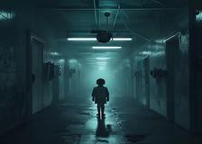 Un pasillo de una fría instalación institucional de noche, con luces fluorescentes y la pequeña silueta de un niño al fondo