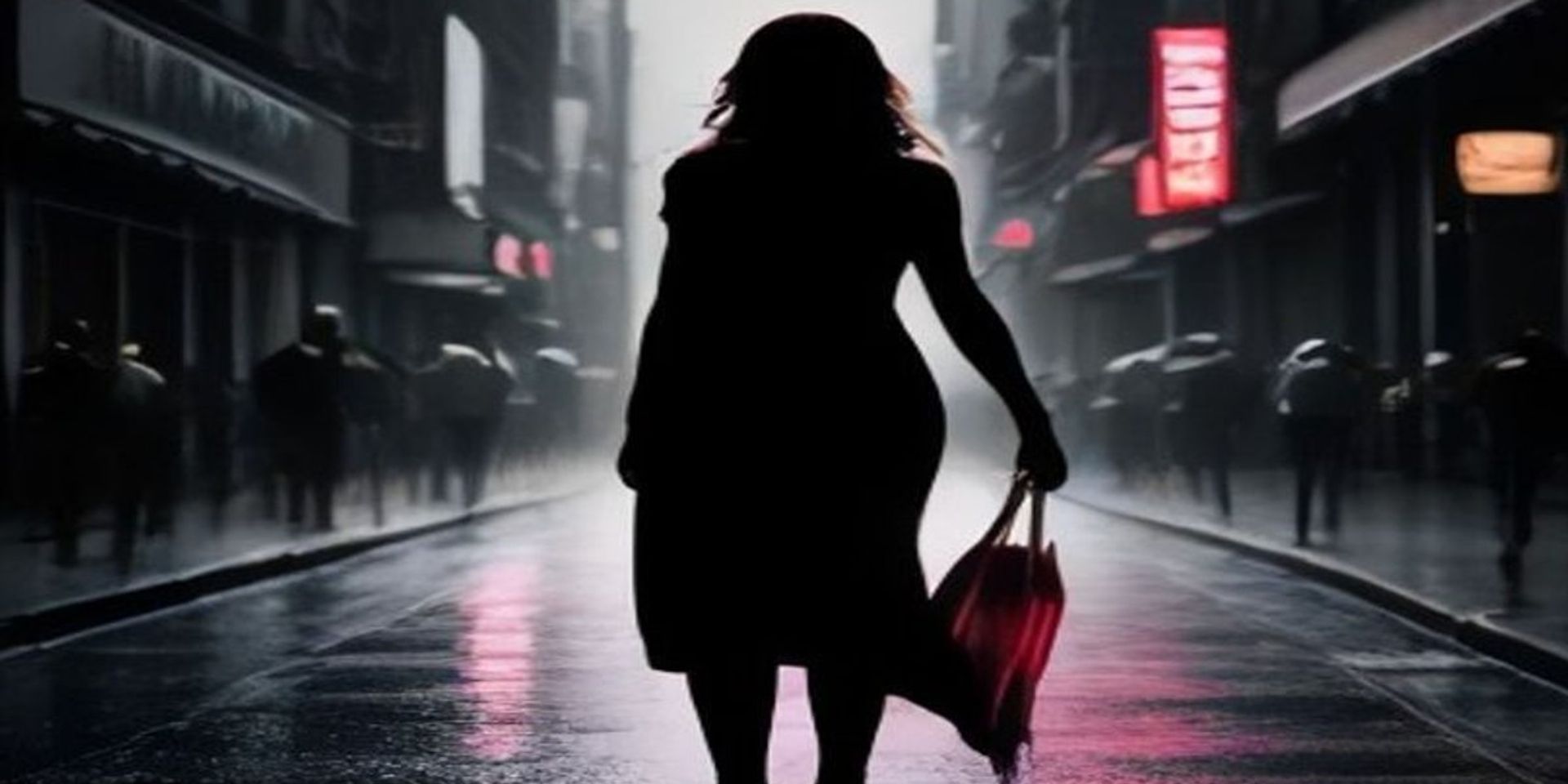 Silueta de mujer caminando por calles de Nueva York de noche con resplandor sobrenatural