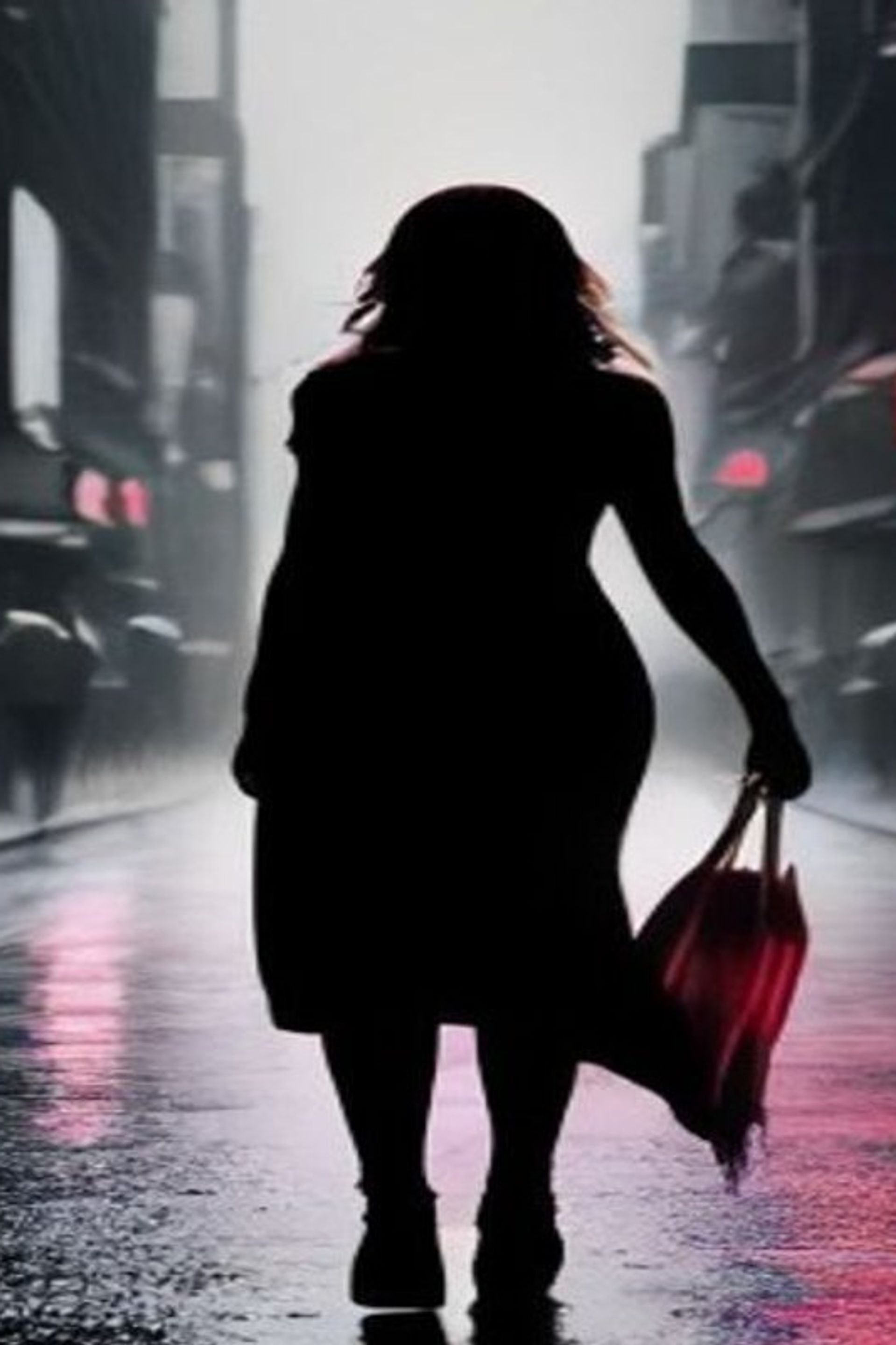 Silueta de mujer caminando por calles de Nueva York de noche con resplandor sobrenatural