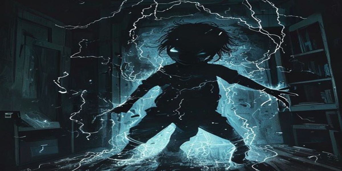 La silueta de un niño con los ojos brillantes y una energía psíquica crepitante a su alrededor, con objetos levitando en una habitación oscura