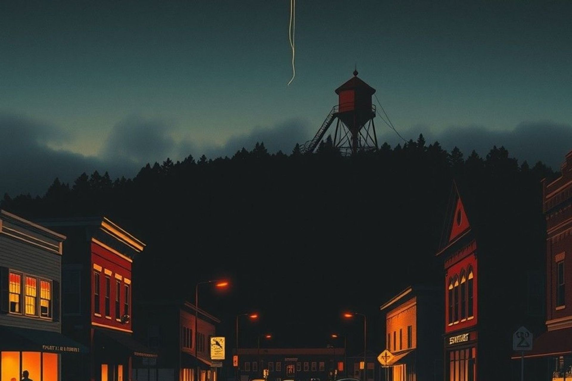 Calle principal de un pueblo de Maine en los años sesenta al atardecer, con un depósito de agua en una colina y un globo rojo en el cielo