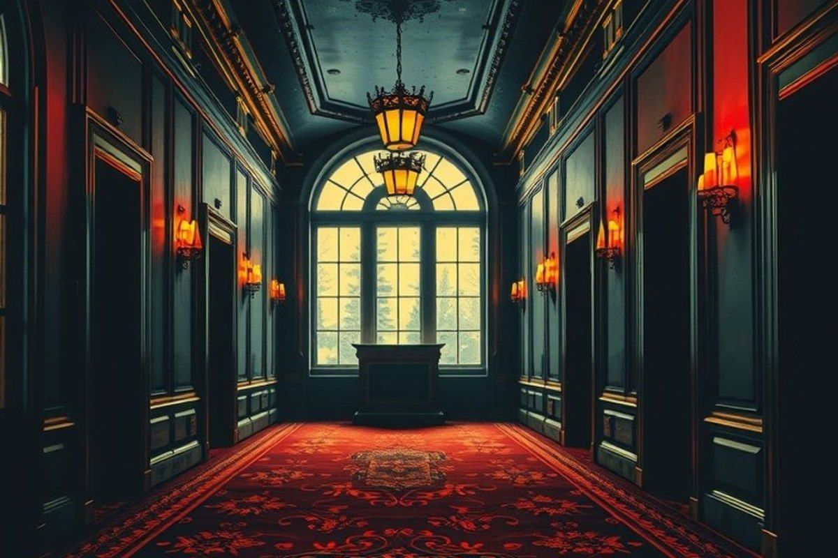 Pasillo simétrico de un hotel vacío con alfombra ornamentada y escarcha en las ventanas