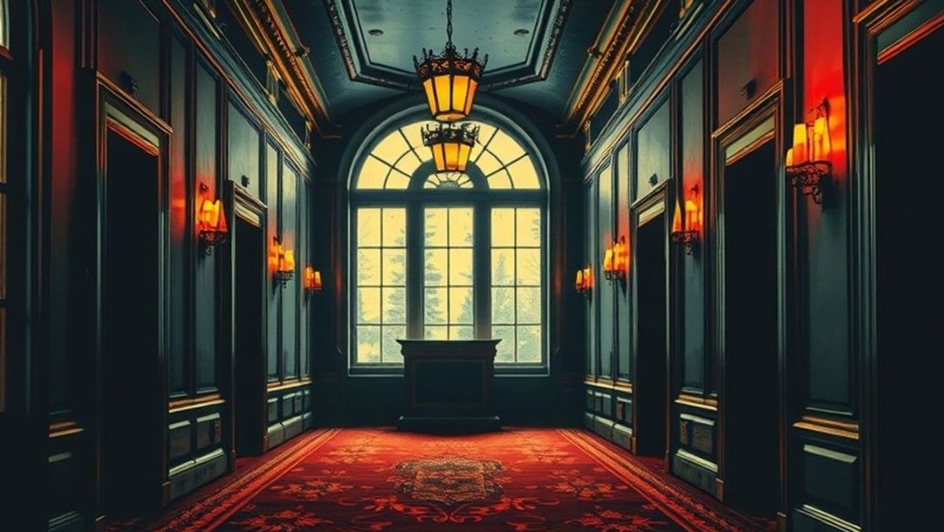 Pasillo simétrico de un hotel vacío con alfombra ornamentada y escarcha en las ventanas