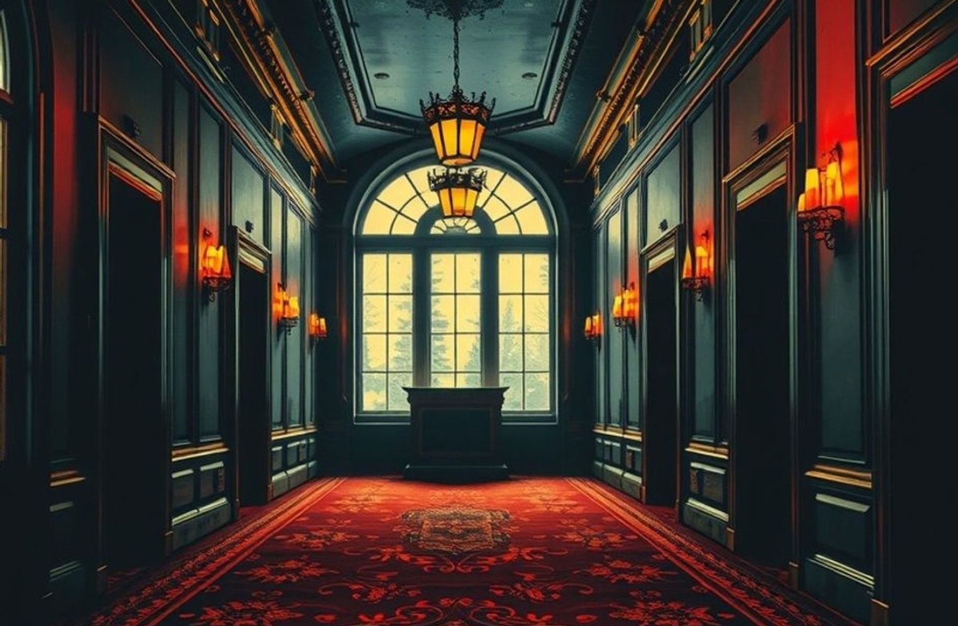 Pasillo simétrico de un hotel vacío con alfombra ornamentada y escarcha en las ventanas