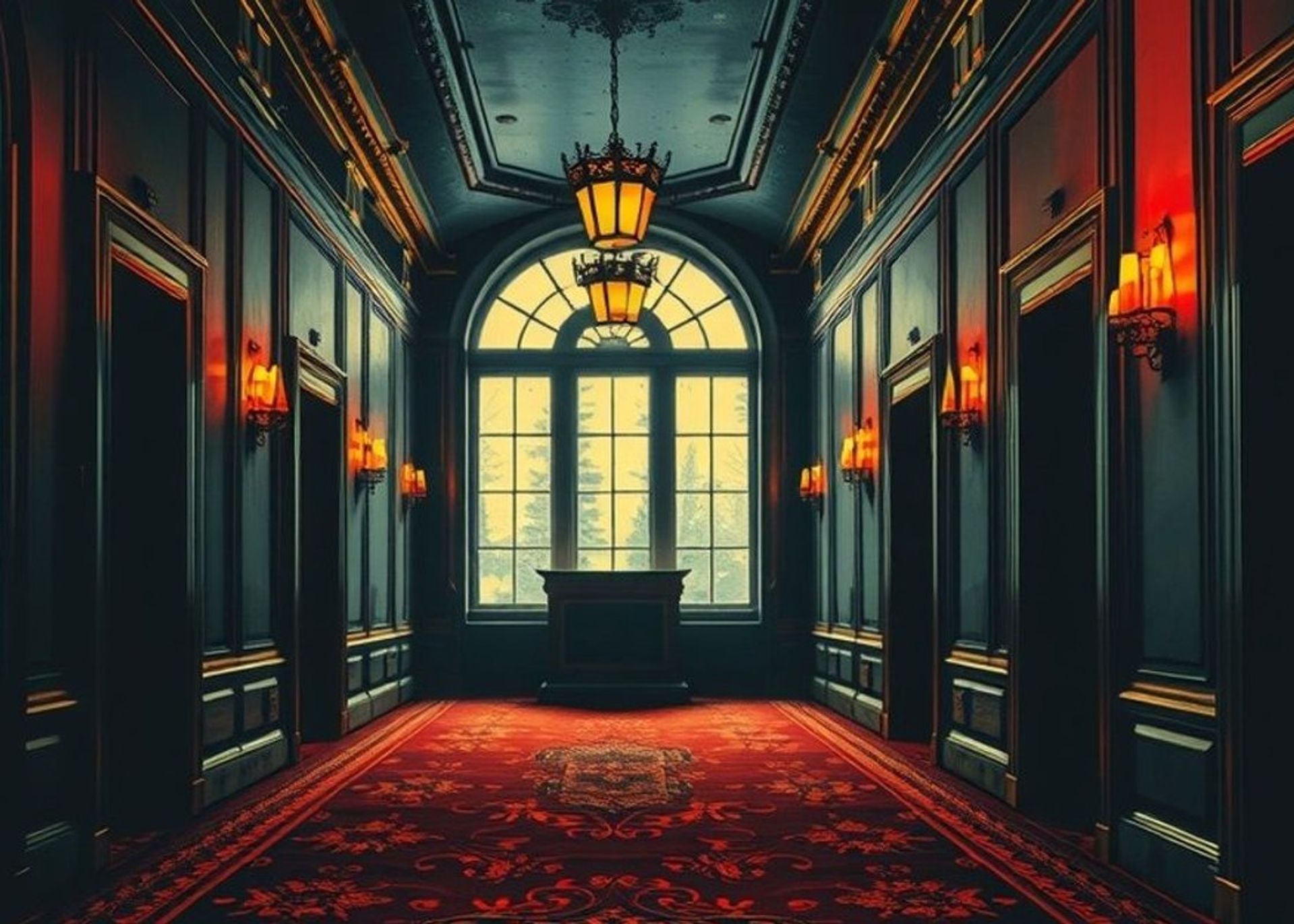 Pasillo simétrico de un hotel vacío con alfombra ornamentada y escarcha en las ventanas