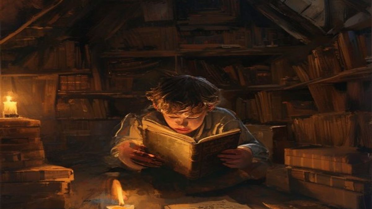 Un niño de finales de los años cincuenta leyendo un viejo libro de terror a la luz de una vela en un ático lleno de cajas de libros antiguos