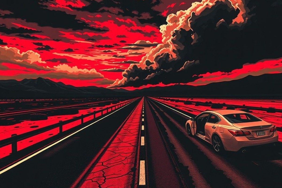 Carretera estadounidense abandonada tras el apocalipsis, con coches vacíos y nubes de tormenta en el horizonte