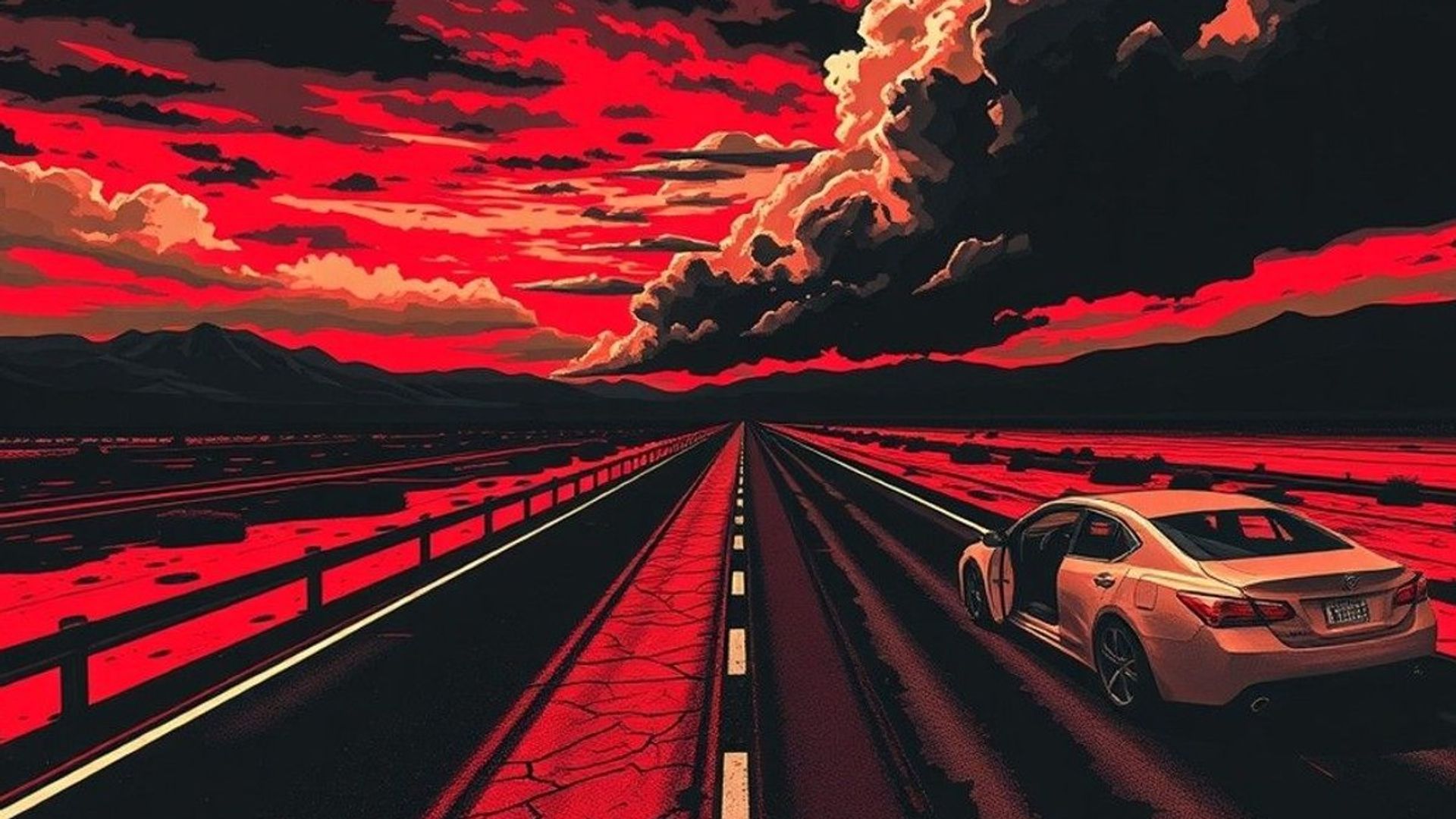 Carretera estadounidense abandonada tras el apocalipsis, con coches vacíos y nubes de tormenta en el horizonte
