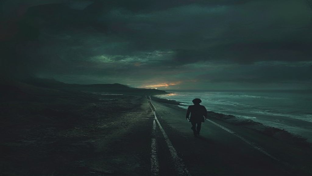 Un niño camina por una carretera costera desolada al atardecer, con un reino de fantasía medieval brillando en el horizonte entre dos mundos