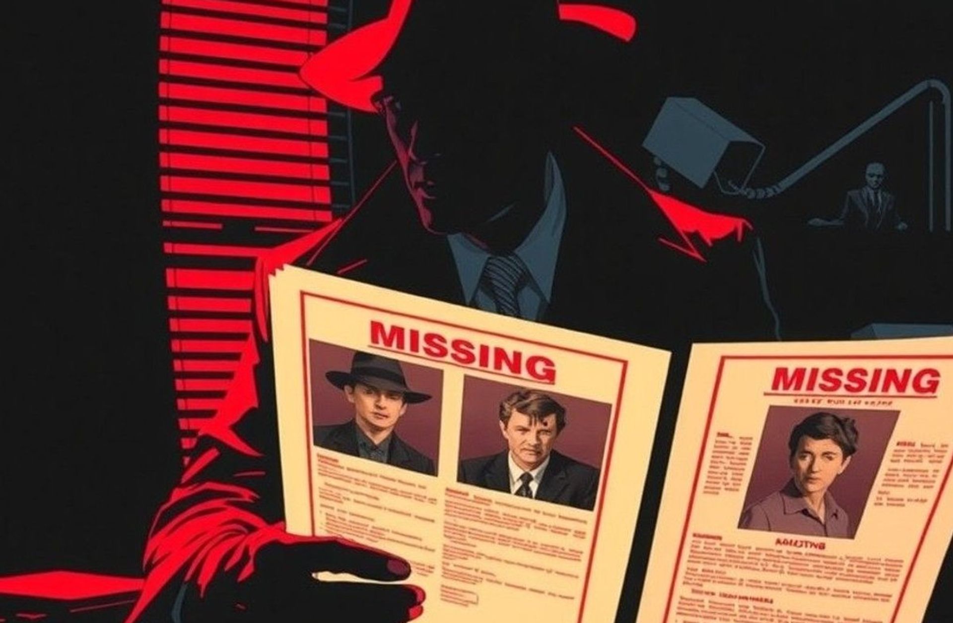 Un detective investiga en una oficina iluminada con luz tenue, rodeado de archivos de casos