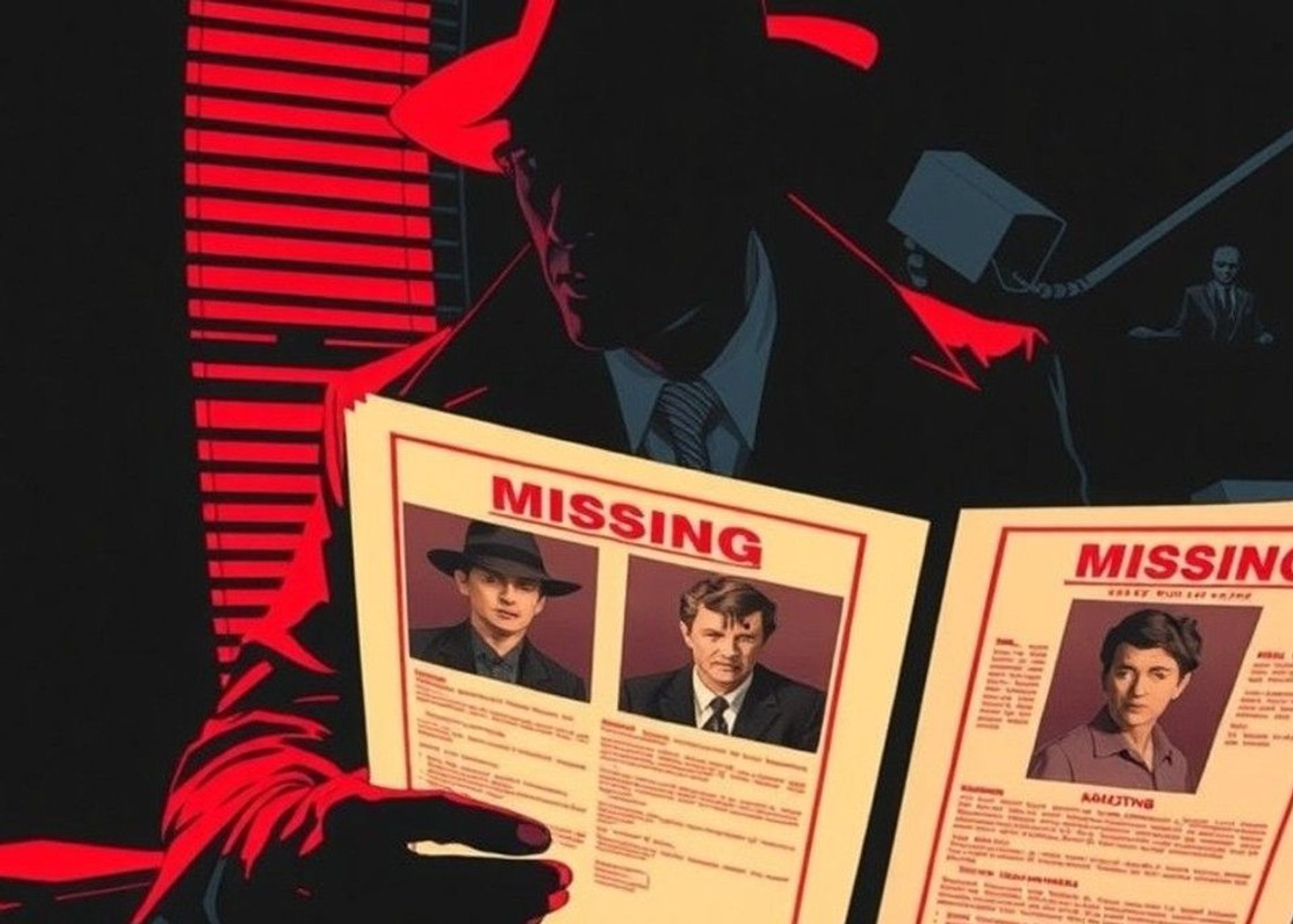 Un detective investiga en una oficina iluminada con luz tenue, rodeado de archivos de casos