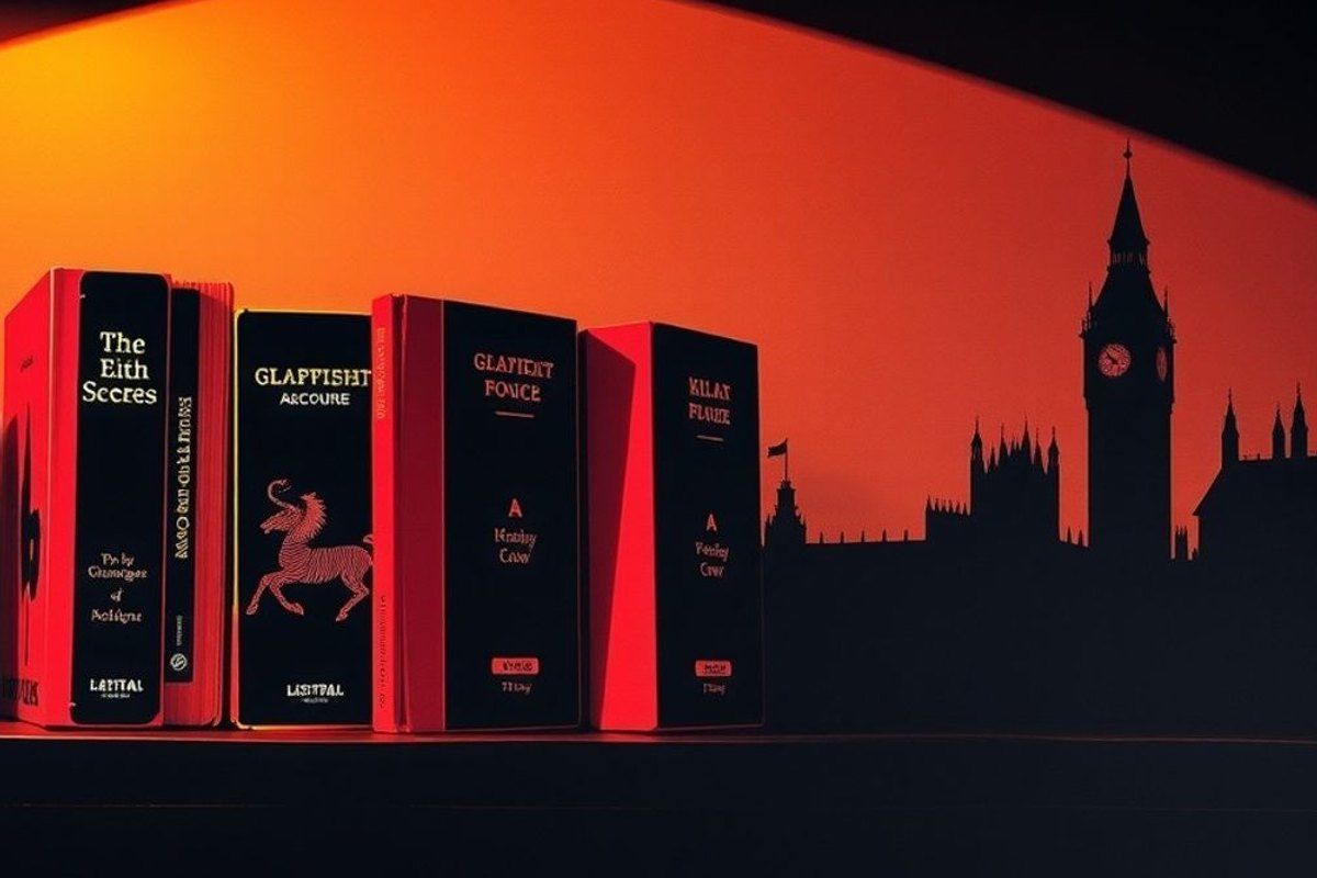 Siete libros de bolsillo con los cantos de colores alineados en un estante de madera, con la silueta de una torre oscura al fondo