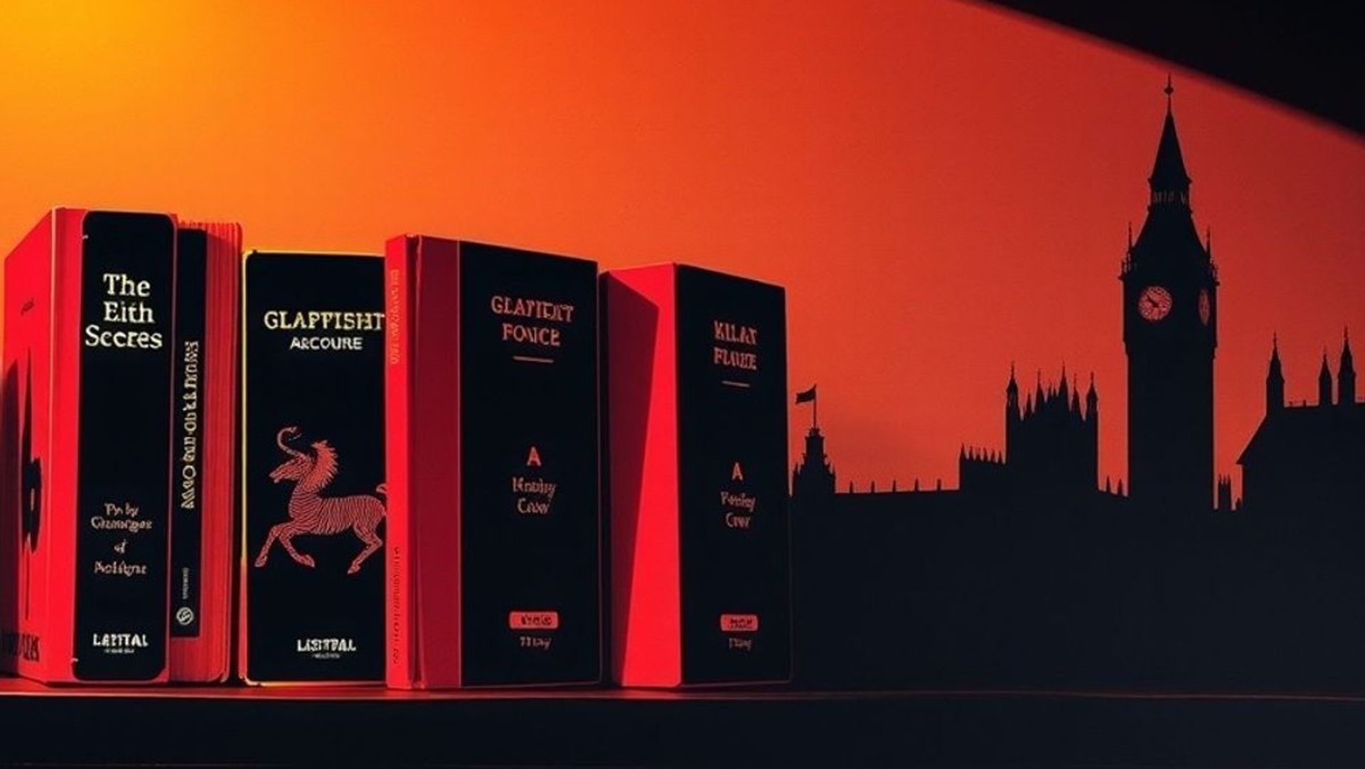 Siete libros de bolsillo con los cantos de colores alineados en un estante de madera, con la silueta de una torre oscura al fondo