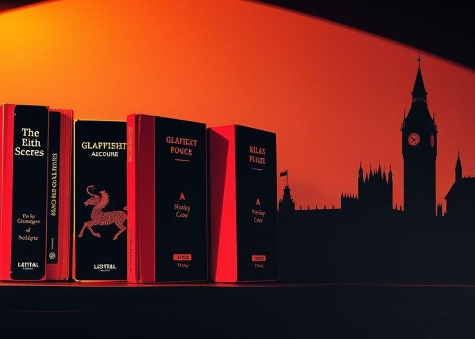 Siete libros de bolsillo con los cantos de colores alineados en un estante de madera, con la silueta de una torre oscura al fondo