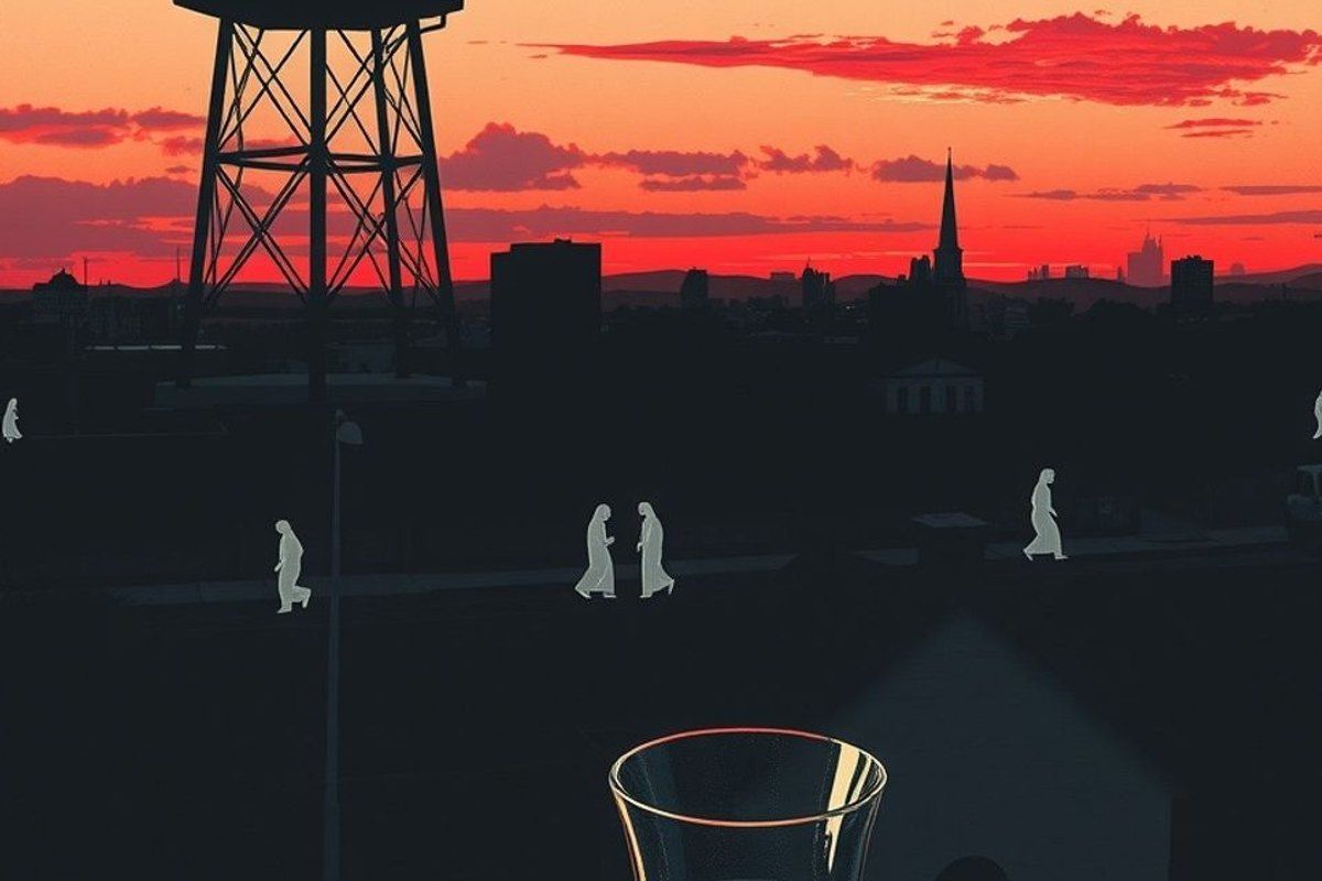 Un tanque de agua sobre un barrio de Buenos Aires al atardecer, con figuras fantasmales en las veredas y un vaso de agua en una ventana
