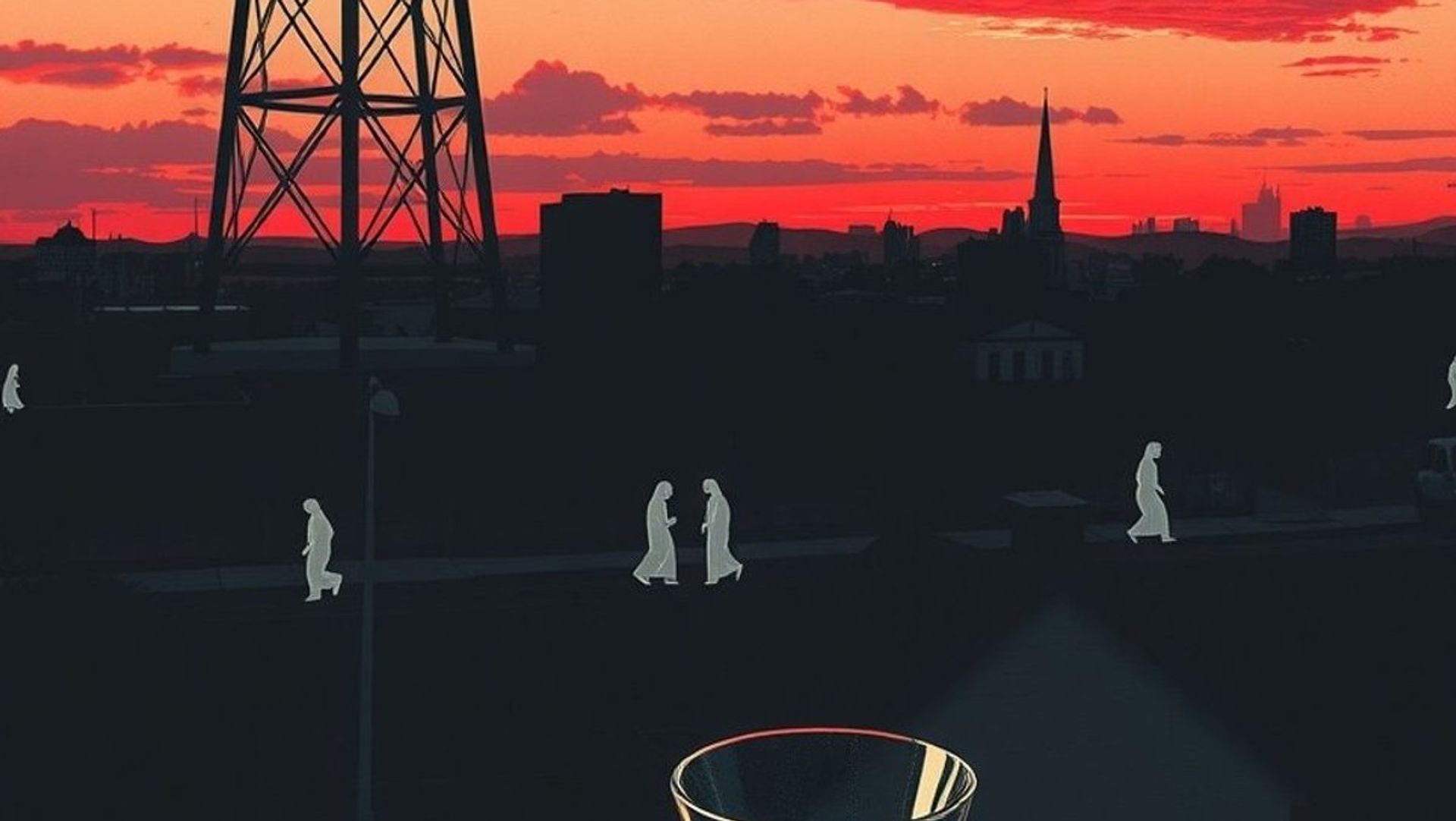 Un tanque de agua sobre un barrio de Buenos Aires al atardecer, con figuras fantasmales en las veredas y un vaso de agua en una ventana