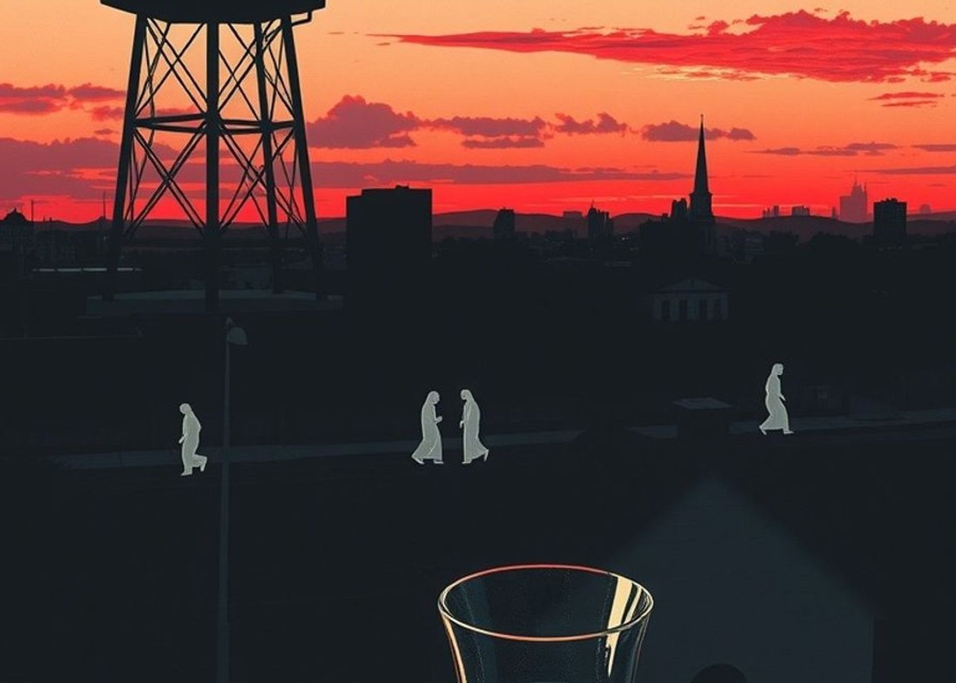 Un tanque de agua sobre un barrio de Buenos Aires al atardecer, con figuras fantasmales en las veredas y un vaso de agua en una ventana
