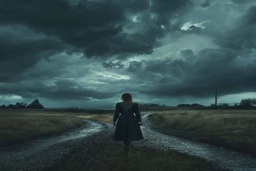 Ilustración de mujer solitaria en cruce de caminos bajo tormenta en Maine — imagen generada con IA para el artículo sobre mujeres en la obra de Stephen King