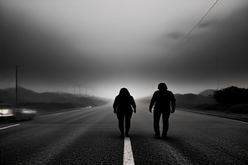 Carretera vacía al amanecer con una columna de caminantes agotados seguida por un vehículo militar