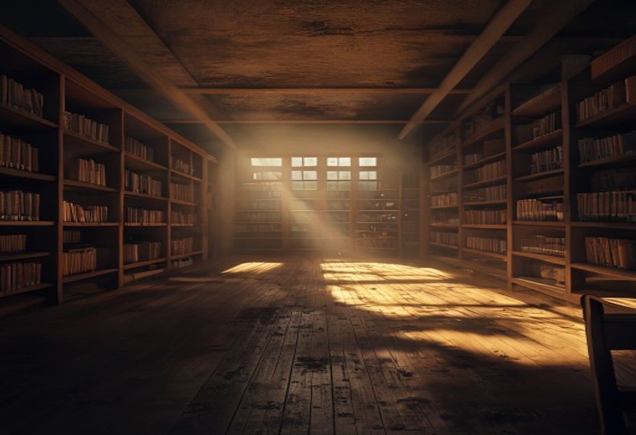 Biblioteca escolar al atardecer con huecos visibles en los estantes donde faltan libros