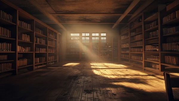 Biblioteca escolar al atardecer con huecos visibles en los estantes donde faltan libros