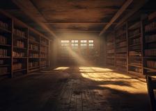 Biblioteca escolar al atardecer con huecos visibles en los estantes donde faltan libros