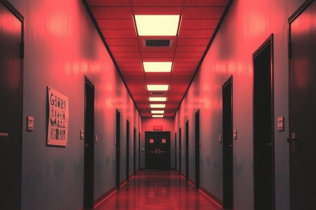 Pasillo de una instalación gubernamental con luces fluorescentes, puertas cerradas y una cámara de vigilancia
