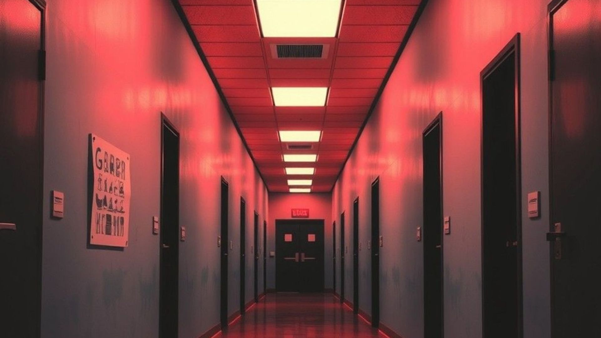 Pasillo de una instalación gubernamental con luces fluorescentes, puertas cerradas y una cámara de vigilancia