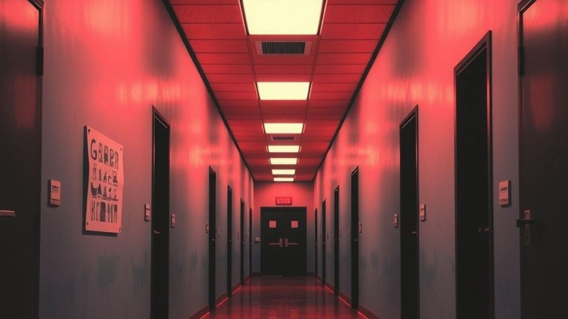 Pasillo de una instalación gubernamental con luces fluorescentes, puertas cerradas y una cámara de vigilancia