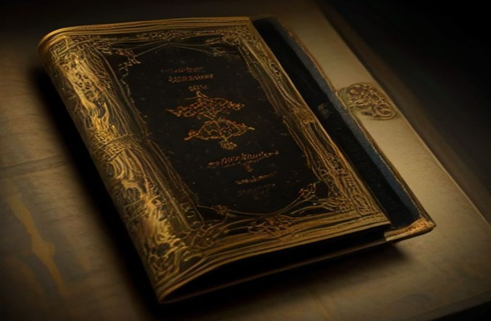 Libro encuadernado en cuero con cantos dorados apoyado sobre terciopelo oscuro, junto a su estuche protector