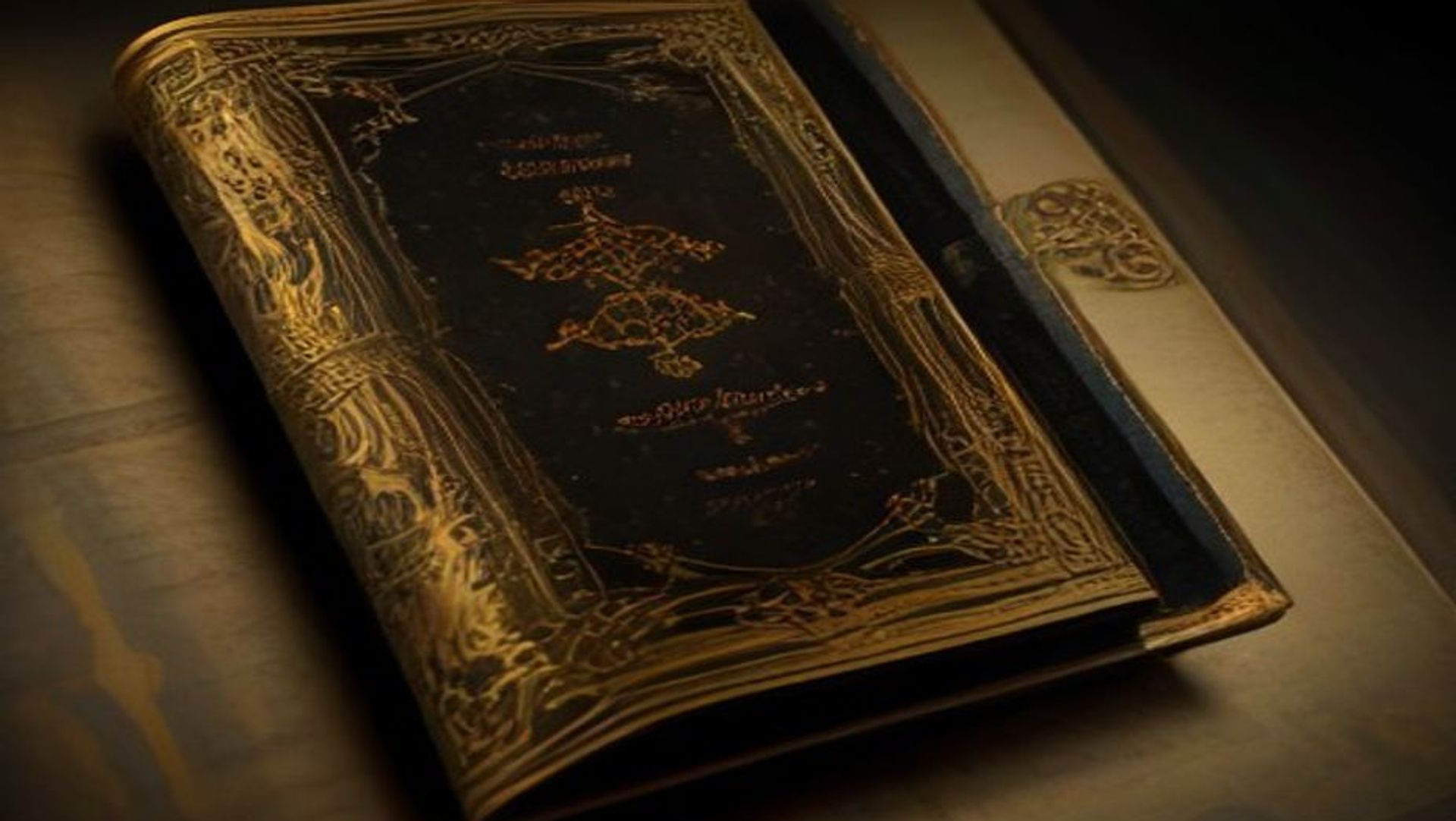 Libro encuadernado en cuero con cantos dorados apoyado sobre terciopelo oscuro, junto a su estuche protector