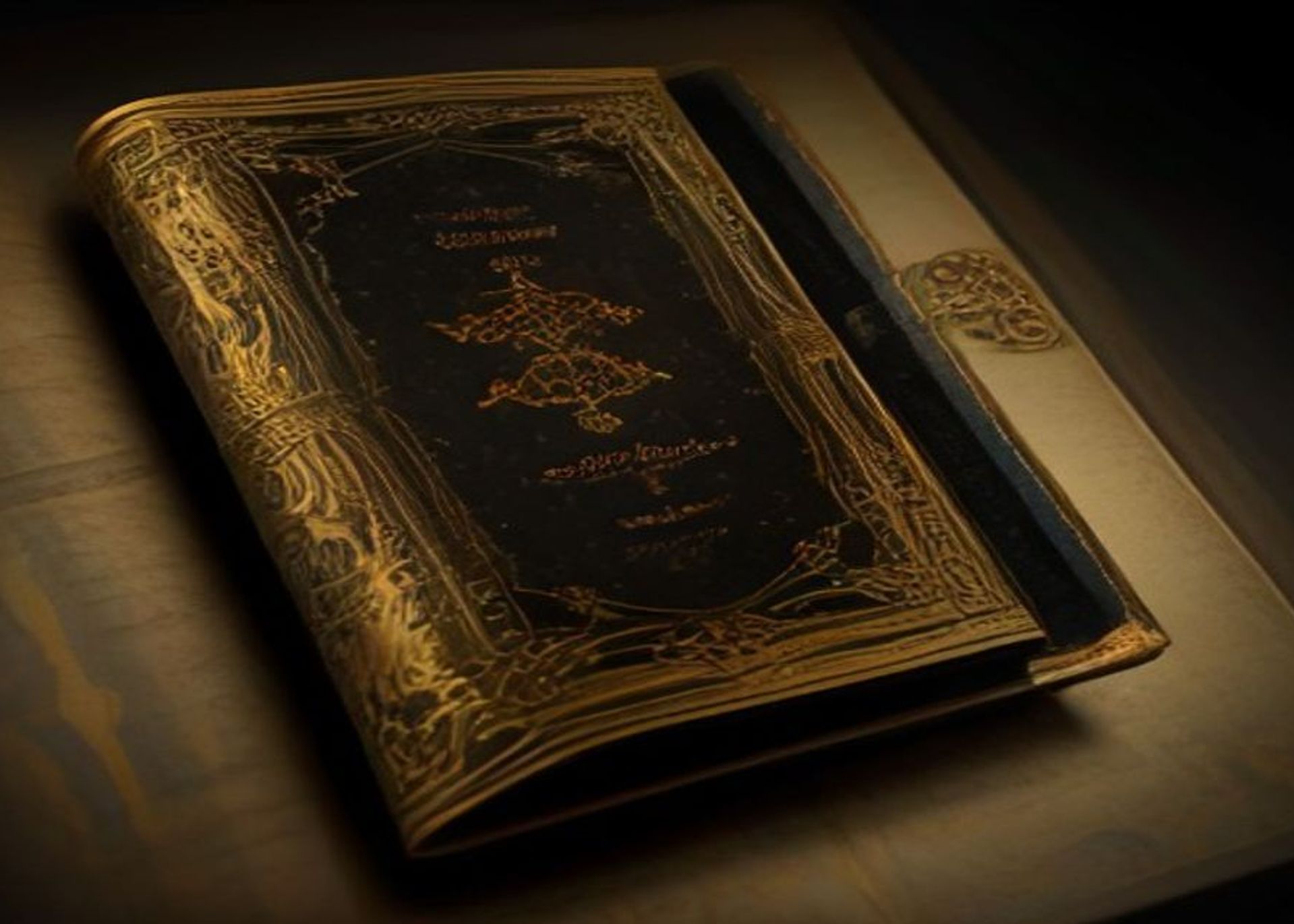 Libro encuadernado en cuero con cantos dorados apoyado sobre terciopelo oscuro, junto a su estuche protector