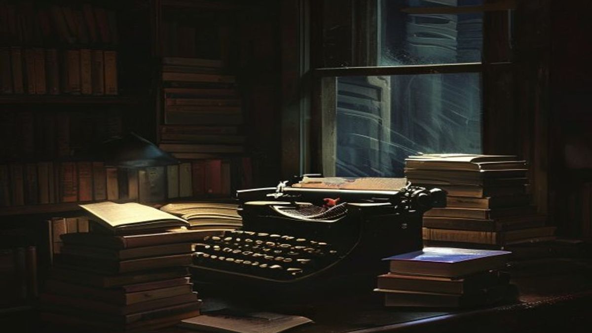 Una máquina de escribir antigua en un estudio en penumbra, con una silueta reflejada en la ventana: la doble identidad de un autor