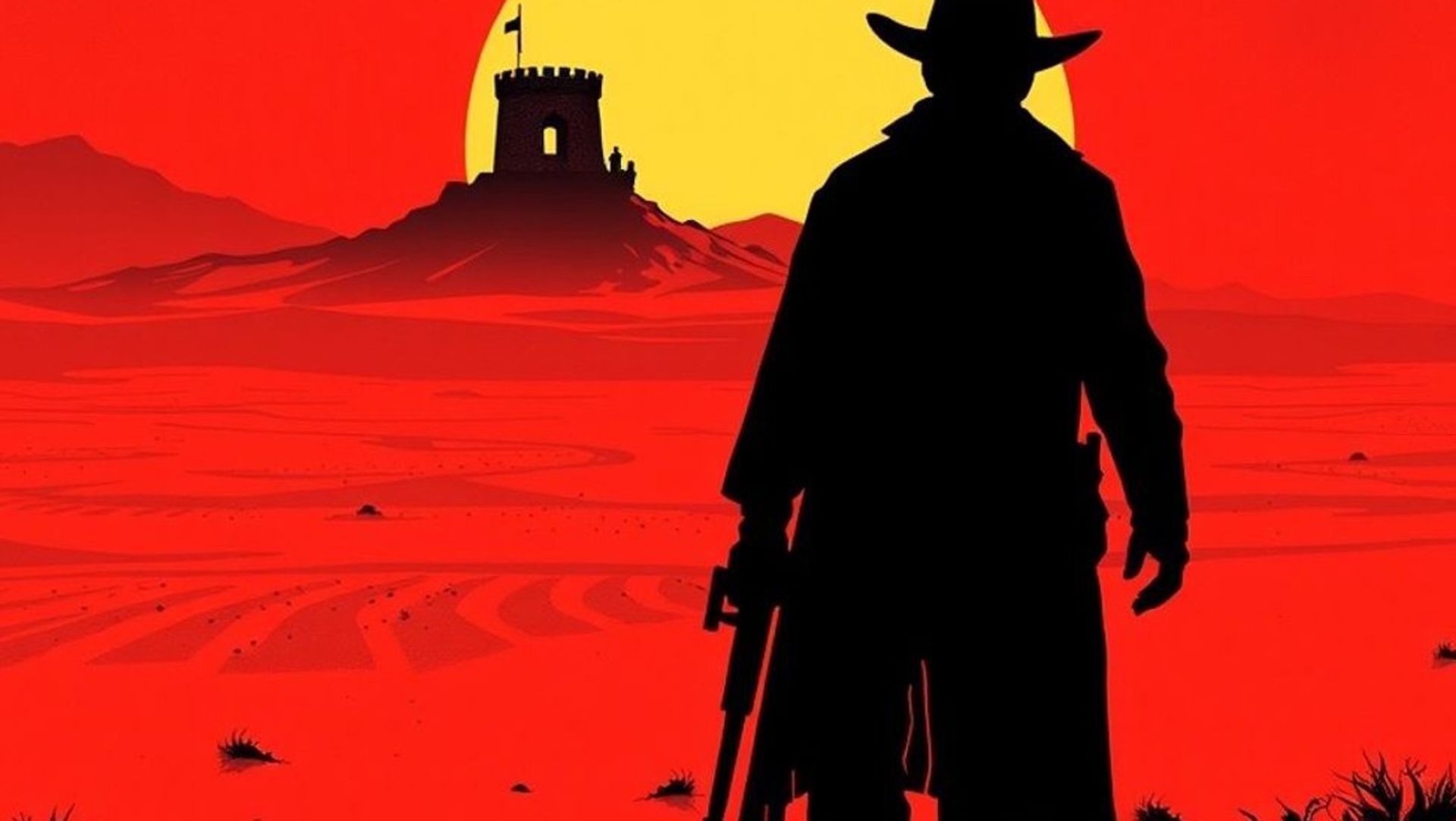 Silueta de un pistolero solitario caminando por un desierto rojo hacia una torre oscura en el horizonte
