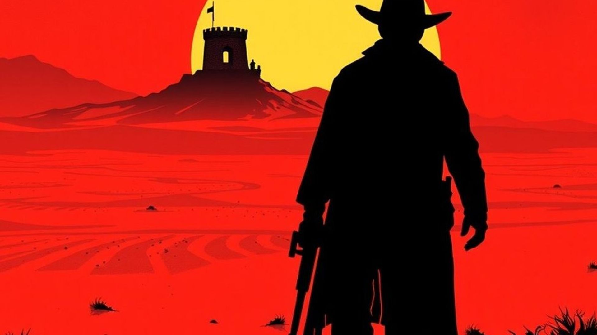 Silueta de un pistolero solitario caminando por un desierto rojo hacia una torre oscura en el horizonte