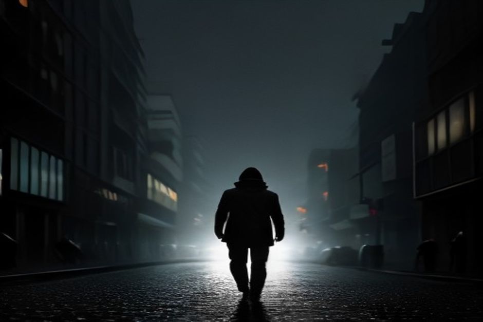 Hombre corriendo de noche por una ciudad en decadencia mientras pantallas gigantes transmiten su rostro