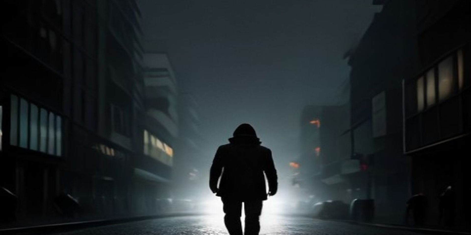 Hombre corriendo de noche por una ciudad en decadencia mientras pantallas gigantes transmiten su rostro