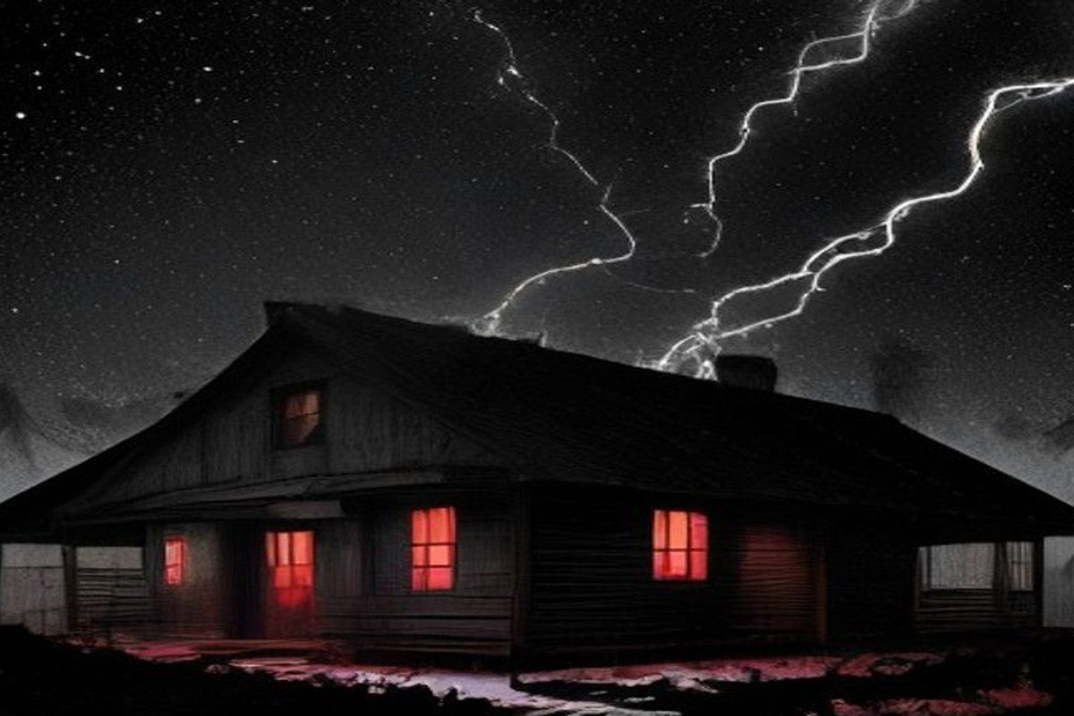 Laboratorio abandonado en una cabaña de Maine de noche con un pararrayos alcanzado por un rayo y un resplandor eléctrico inquietante