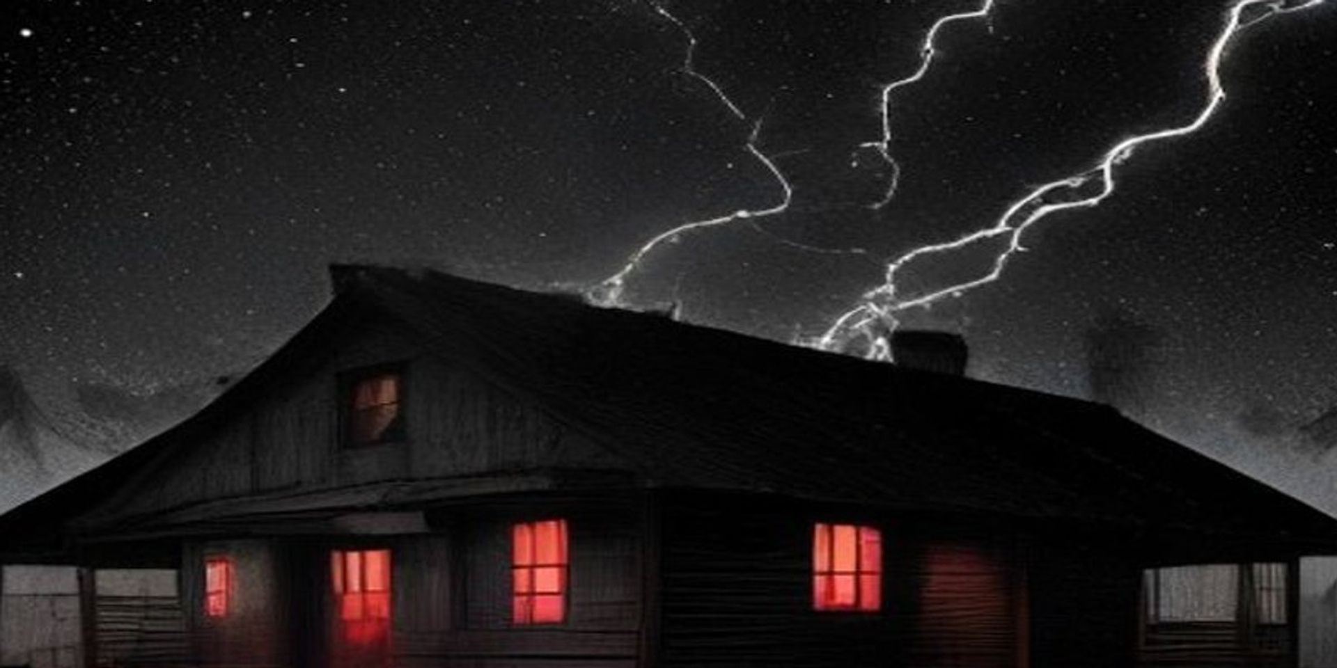 Laboratorio abandonado en una cabaña de Maine de noche con un pararrayos alcanzado por un rayo y un resplandor eléctrico inquietante