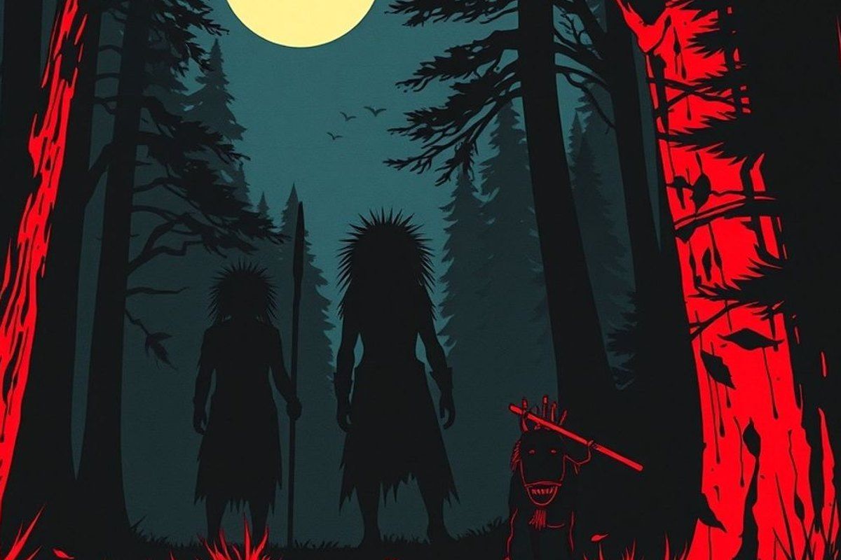 Tribu indígena en bosque oscuro primordial, terror ancestral emergiendo de las sombras, atmósfera de horror