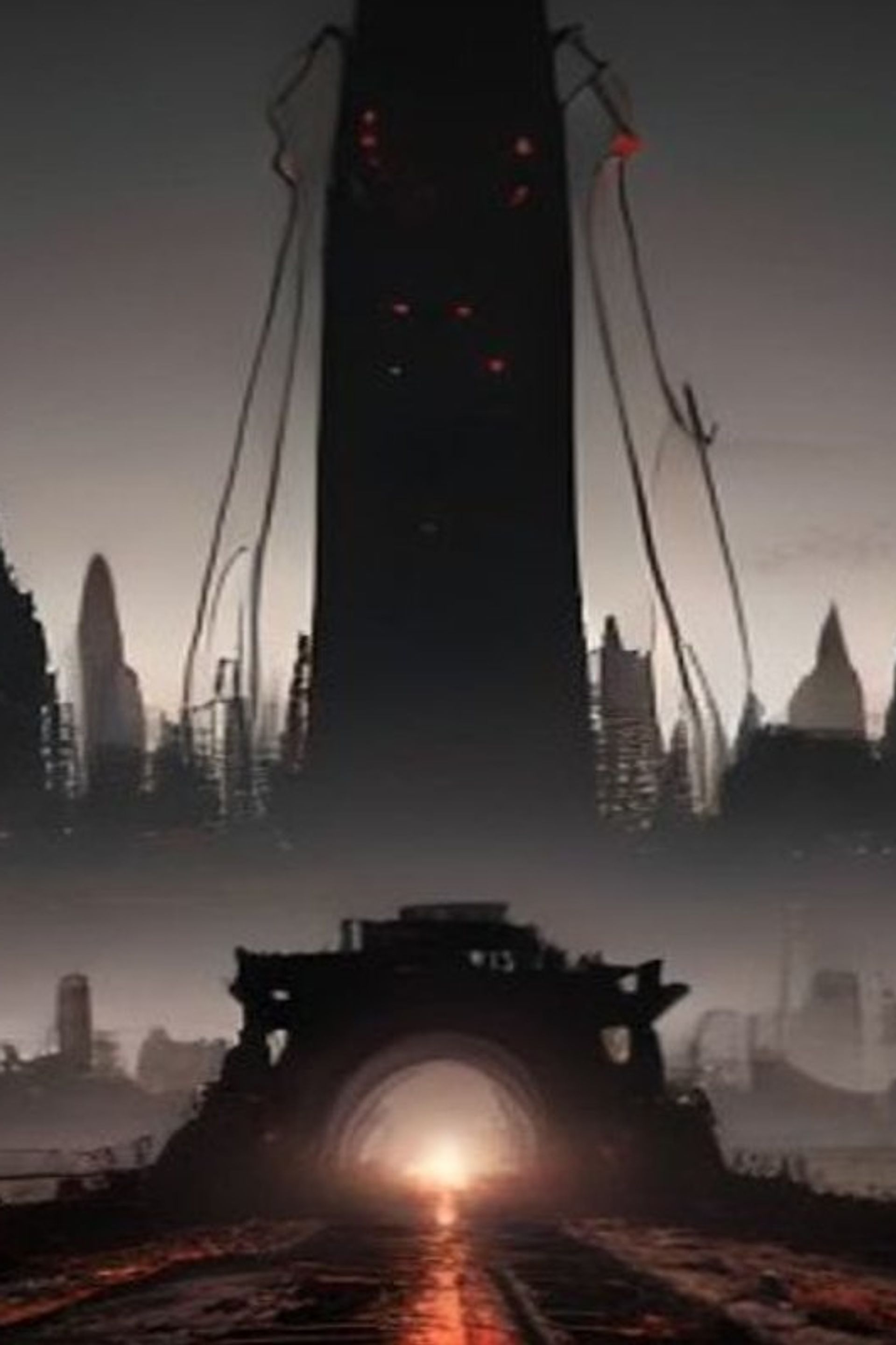 Ciudad futurista en ruinas al atardecer, con un puente colgante derrumbado y calles vacías
