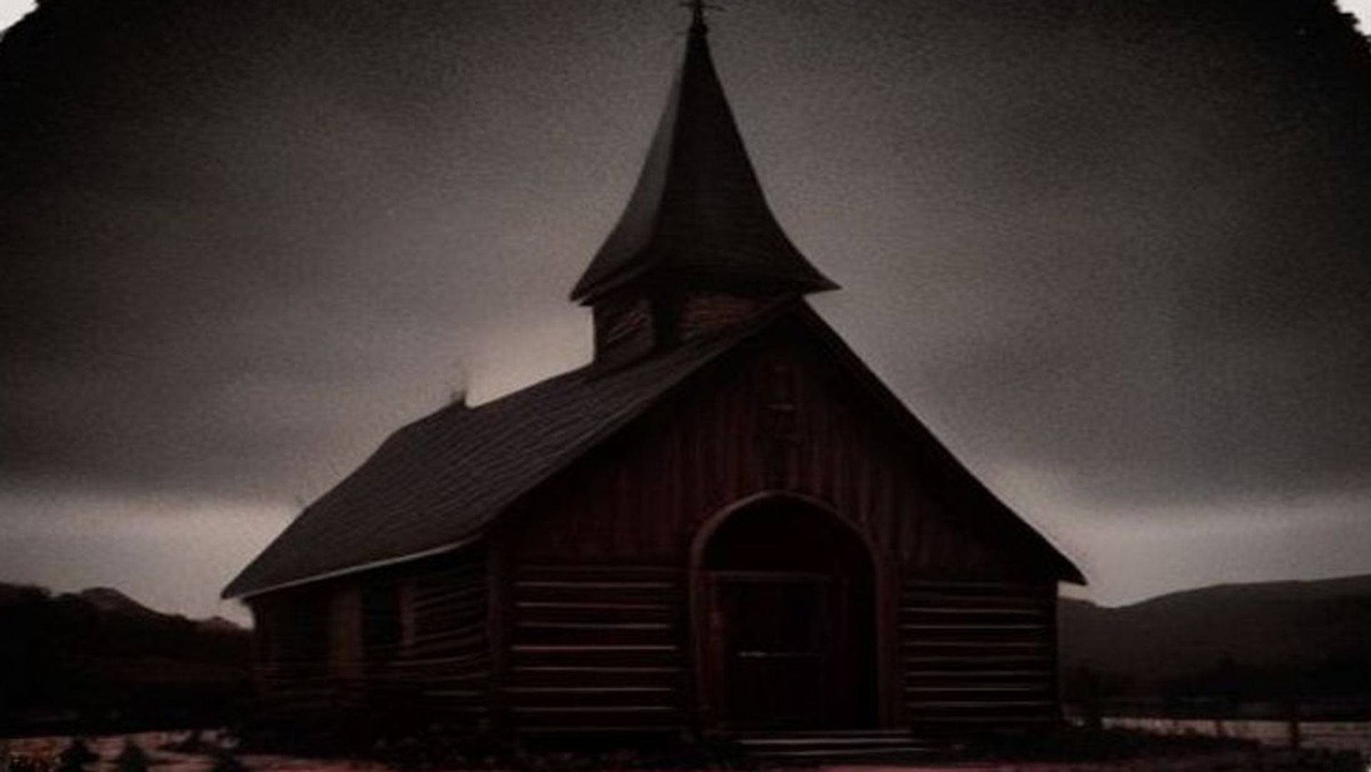 La silueta de una iglesia rural oscura bajo un cielo de tormenta, con un vitral que brilla en rojo y una figura sombría en el púlpito