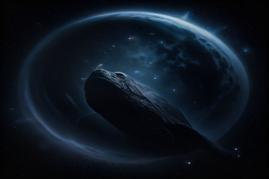 Una tortuga colosal flotando en el espacio profundo, con galaxias reflejadas en su caparazón