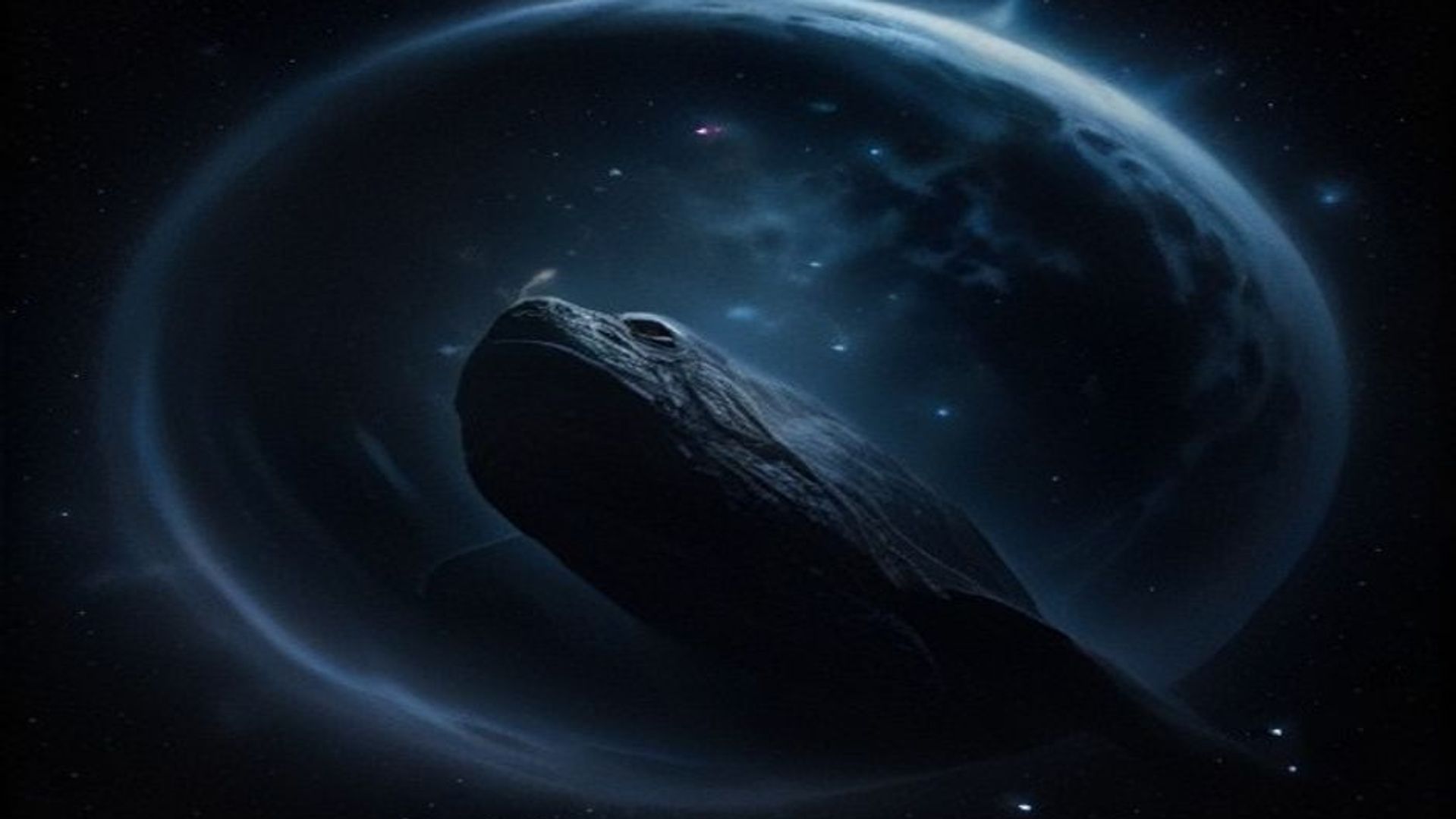 Una tortuga colosal flotando en el espacio profundo, con galaxias reflejadas en su caparazón