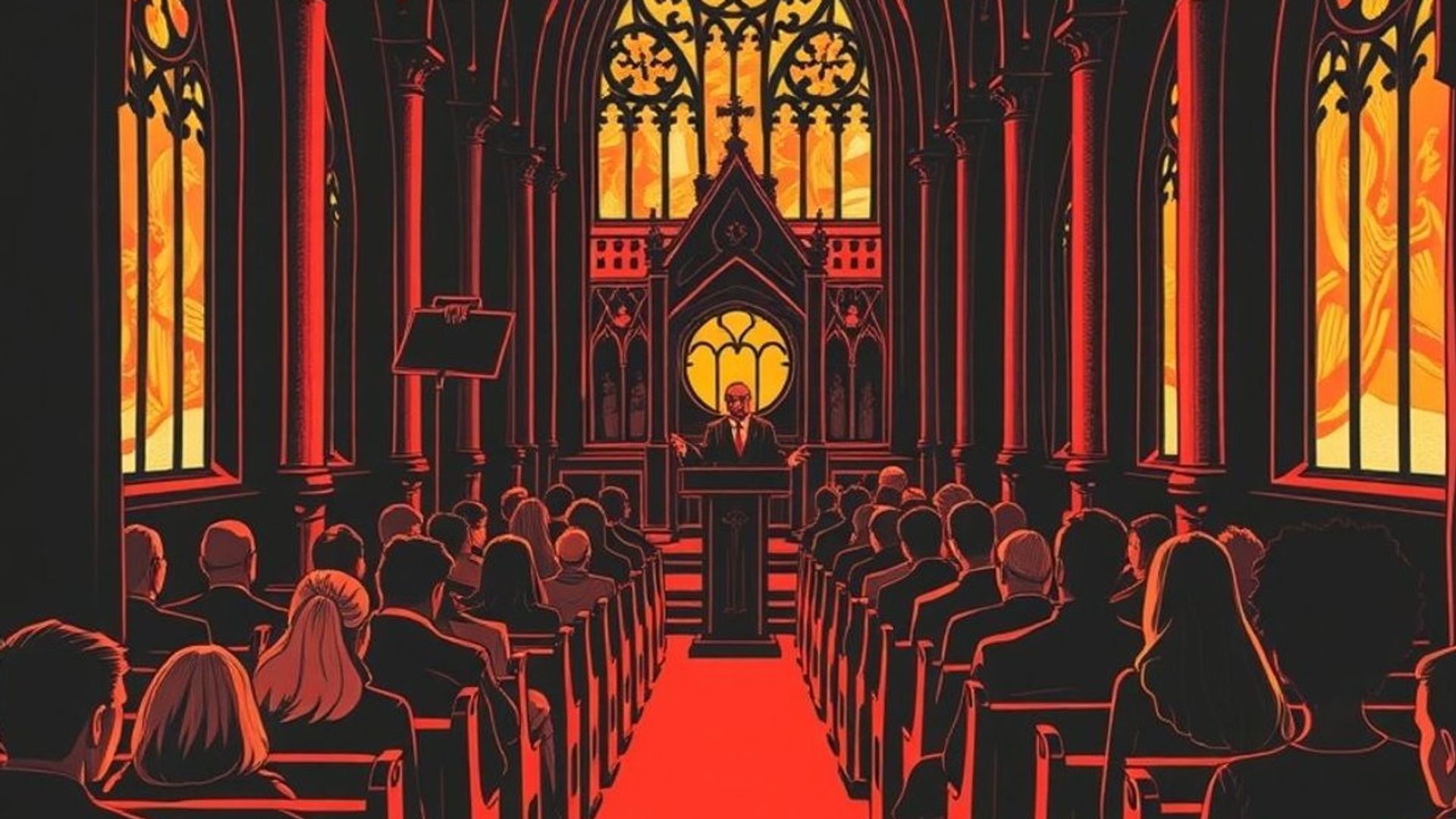Interior de una iglesia gótica iluminada con luz cálida durante un evento literario nocturno