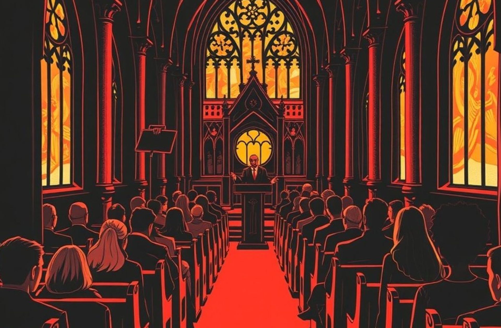 Interior de una iglesia gótica iluminada con luz cálida durante un evento literario nocturno